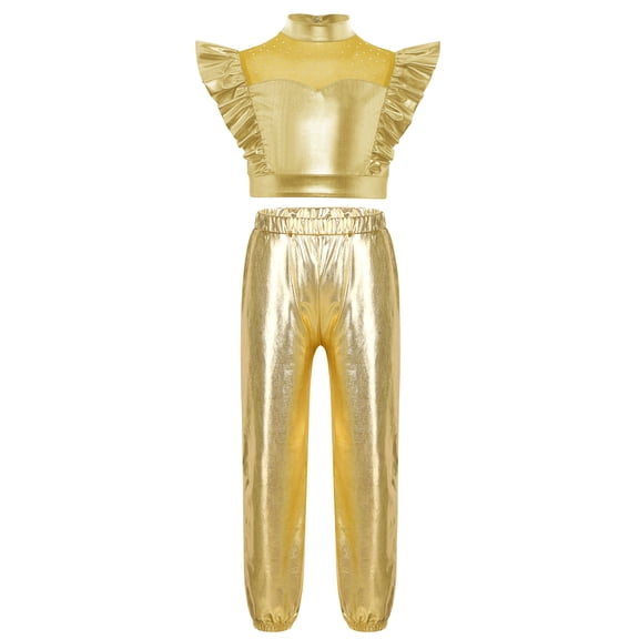 Haitryli Kids Girls Shiny Metallic Jazz Dancewear Sleeveless Mesh Patchwork Crop Top Vest with Pants Set Gold 8