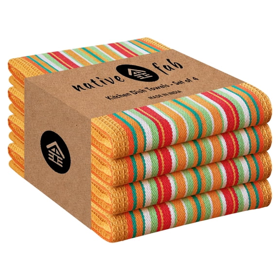 Native Fab Mexican Salsa Stripe Kitchen Towels, 4 Pack, 18x28 Inches, 100% Cotton, Highly Absorbent, Soft, Dish Towel for Drying Dishes, Everyday Kitchen Use, Reusable, Washable, Mustard Yellow