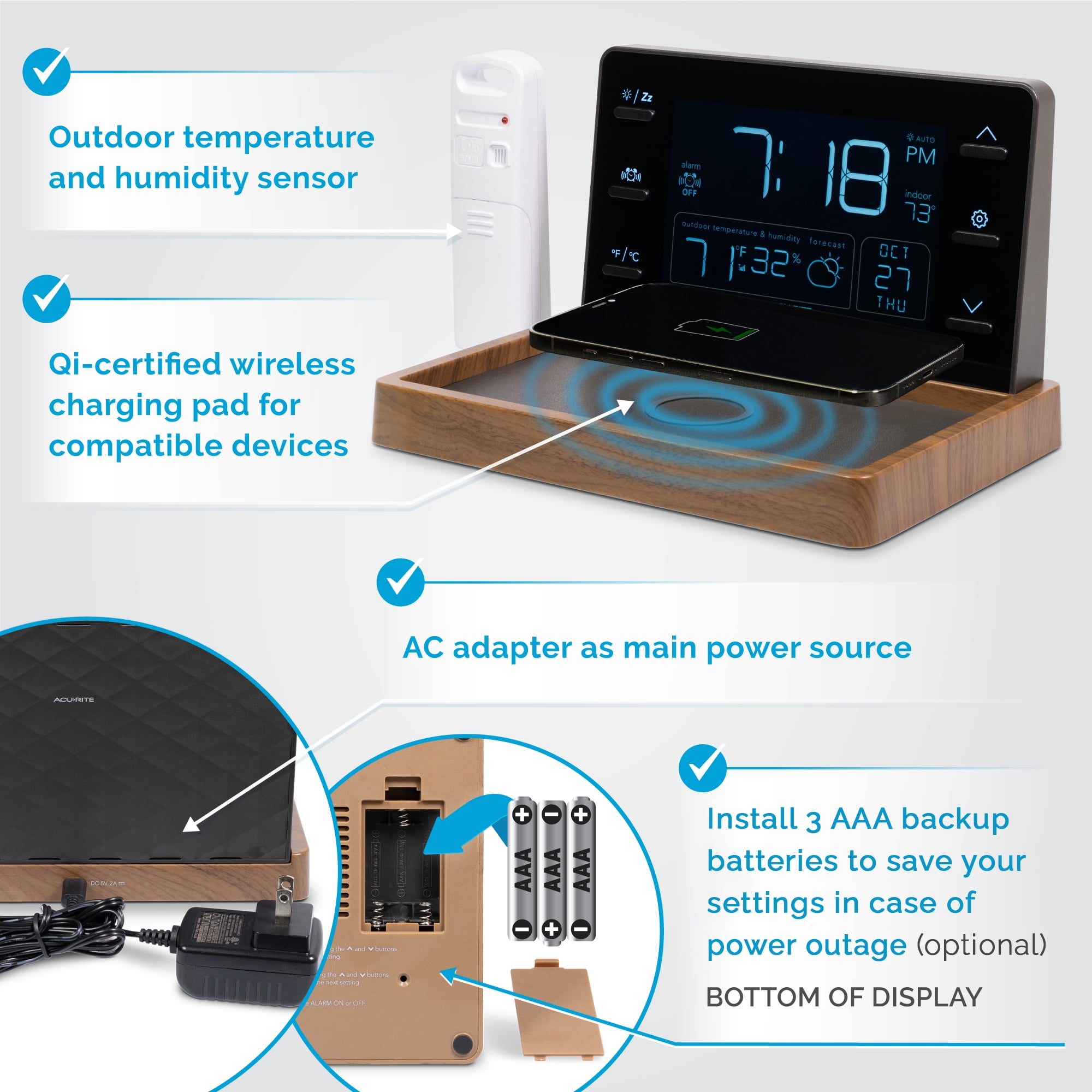 AcuRite Weather Valet Charging Pad Alarm Clock, Black with Walnut Finish