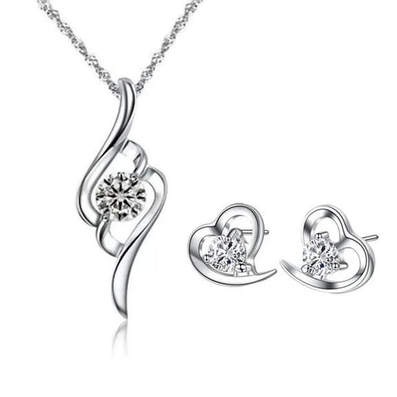 HOOUN 925 Silver Plated Crystal Bridal Wedding Party Shinny Necklace Earring Set Gift