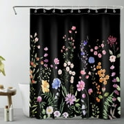 HVEST Farmhouse Floral Shower Curtain for Bathroom,Nature Colorful Wildflower and Green Botanical on Black Fabric Shower Curtain with Hooks,Spring Country Theme Bathroom Curtains Shower Set, 60x72 inc