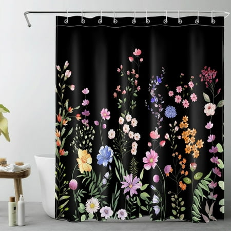 HVEST Farmhouse Floral Shower Curtain for Bathroom,Nature Colorful Wildflower and Green Botanical on Black Fabric Shower Curtain with Hooks,Spring Country Theme Bathroom Curtains Shower Set, 60x72 inc