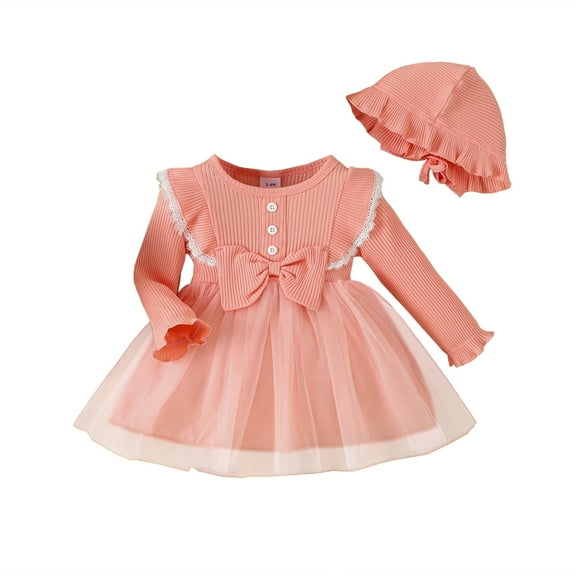 3 Months Baby Girls Clothes 6 Months Girls Dress Infant Girls Long Sleeve Round Neckline Dress Tulle Dress Hat 2PCS Set Pink