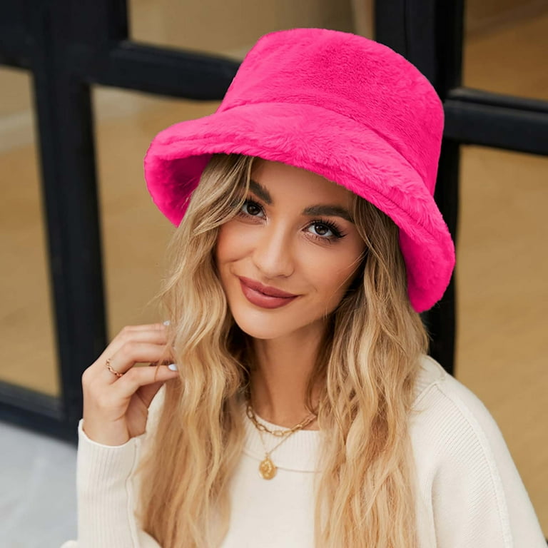 Women's Bright Pink Faux Fur Fluffy Bucket Hat