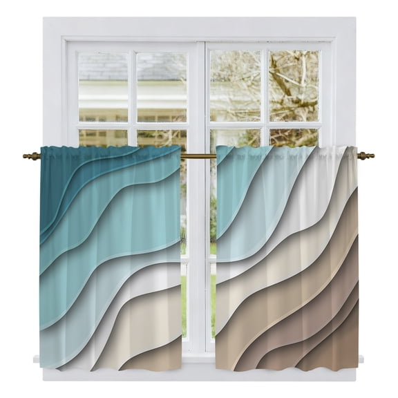 Teal Blue Ombre Cream Tier Curtains, Modern Geometric Brown Aesthetic Light Filtering Kitchen Curtains, 2Pcs Rod Pocket Half Window Treatments Panels for Sink Cafe Cabinet Basement 27.5x45 Inches