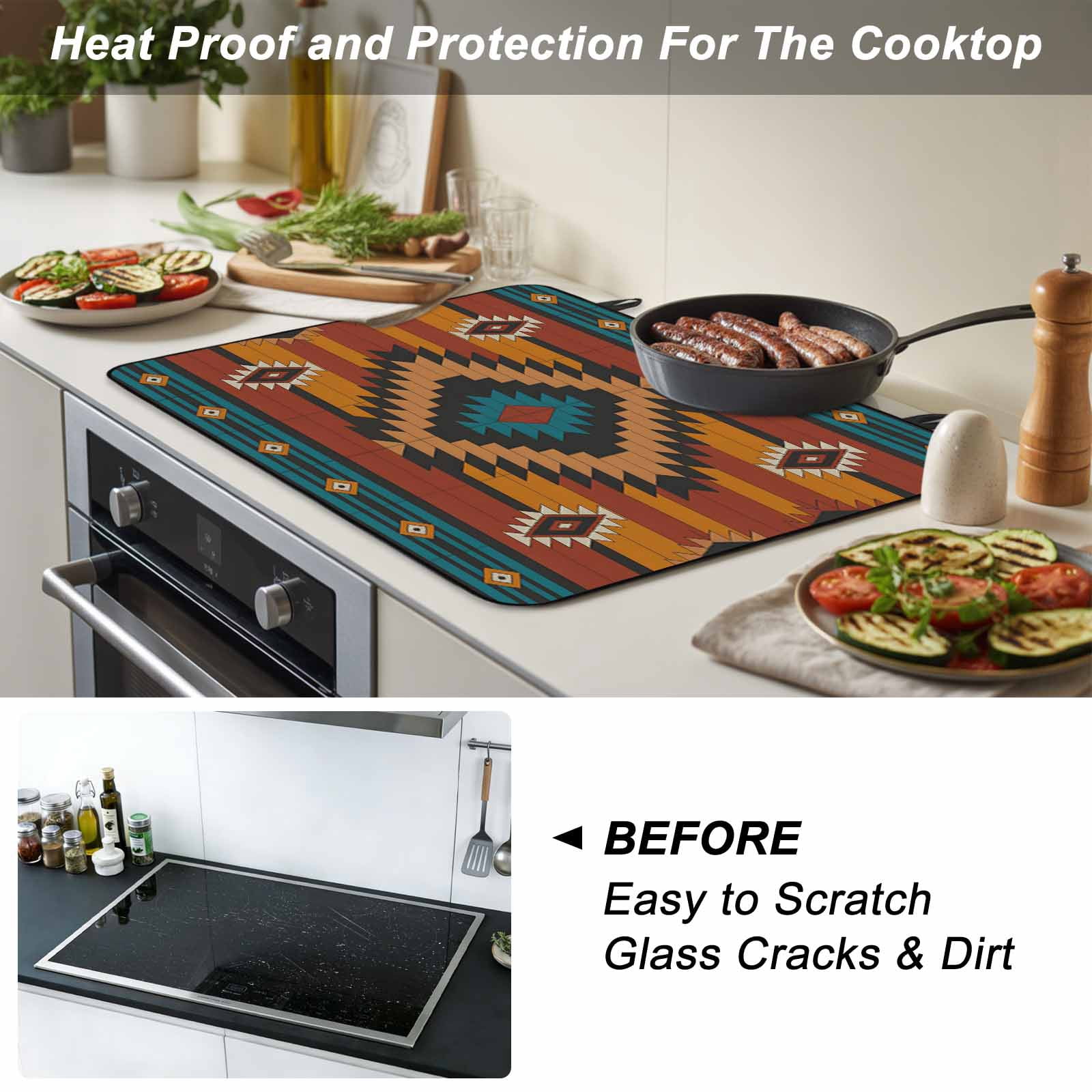 Aztec Southwest Stove Top Cover for Electric Stove, Heat-proof & Non Slip Glass Top Stove Cover Protector, Vintage Geometric Farmhouse Art Kitchen Flat Cooktop Rubber Mat 24x21 Inches