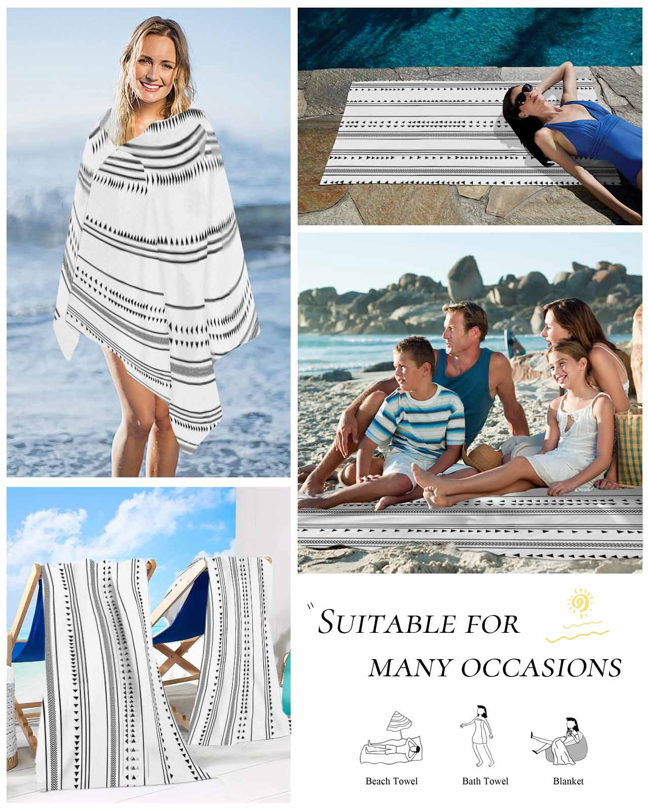 Boho Black White Modern Stripes Beach Towels Oversized Super Absorbent, Farmhouse Abstract Art Lightweight Bath Towel Quick Dry Sets For Bathroom/Pool/Rv Camping/Beach Play/Gym Room/Picnic 35"x70"
