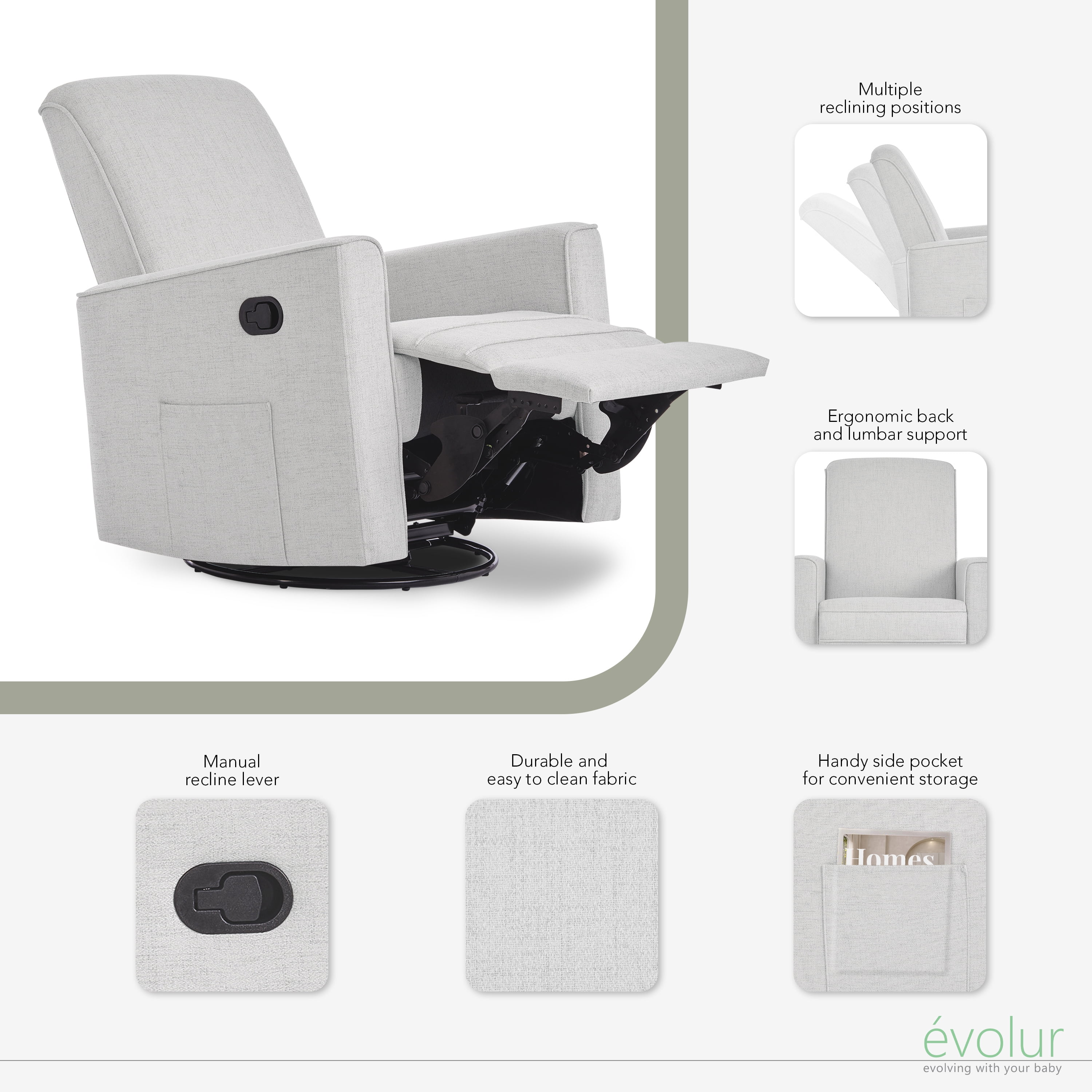 Evolur Raleigh Nursery Glider Recliner and Rocking Chair in Fog, 360° Swivel Motion, Multiple Recline Positions, Easy to Clean, FSC and Greenguard Gold Certified