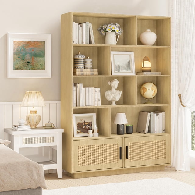 EDTara Bookshelf with Rattan Doors and Secure Design for Uneven Floors and Safe Use
