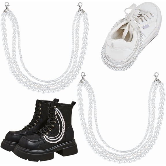 1set 2Pcs Layered Pearl Shoe Chains White Pearls Shoe Decoration Chains Pearls Shoelace Charms Decorative Shoe Accessaries Chain for Women Sneaker Sandals High-top Canvas Decoration 28.5cm White DIY