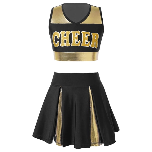 iiniim Enfants Filles Uniforme de Cheerleading Robe Cheer Leader Hauts avec Mini Jupe Ensemble Carnaval Costume Cosplay Noir 16