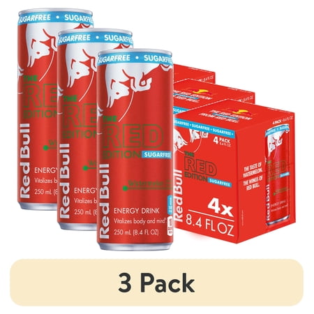 (3 pack) Red Bull Red Edition Sugarfree Energy Drink, Watermelon, 80mg Caffeine, 8.4 fl. oz., Pack of 4 Cans