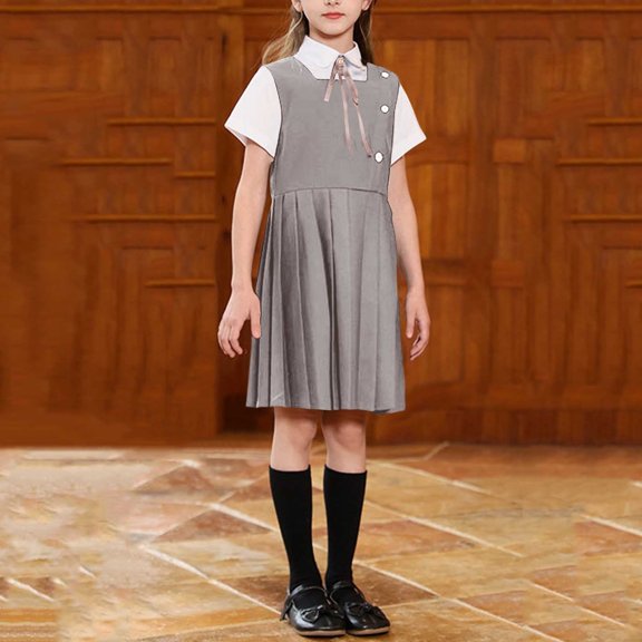Girls 3 Piece Outfits Short Sleeve Button Down Lapel Shirt with Pleated A-Line Skirts Tie Cute Preppy Style Set Gray 3-4 Years