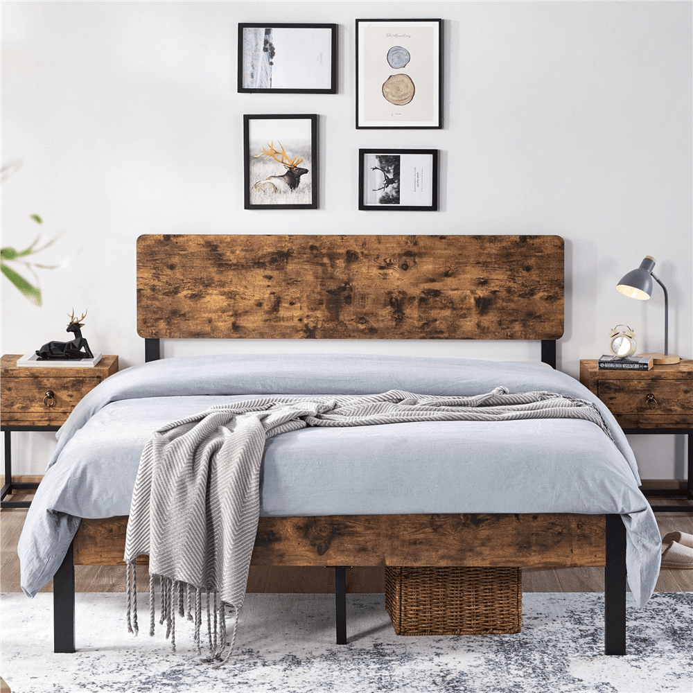 Black Metal /Wood Iron wood bed Modern Bed Frame with Tall Headboard Grey 