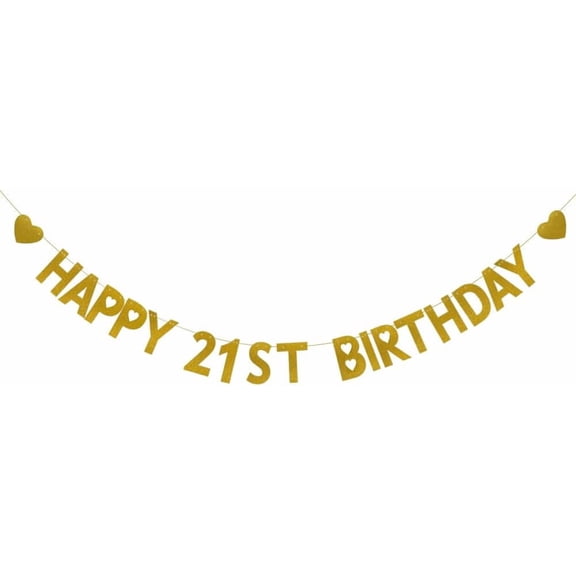 HAPPY 21ST BIRTHDAY Banner, Pre-Strung, Gold Glitter Paper Garlands for 21st Birthday Party Decoratiopns Supplies, Letters Gold