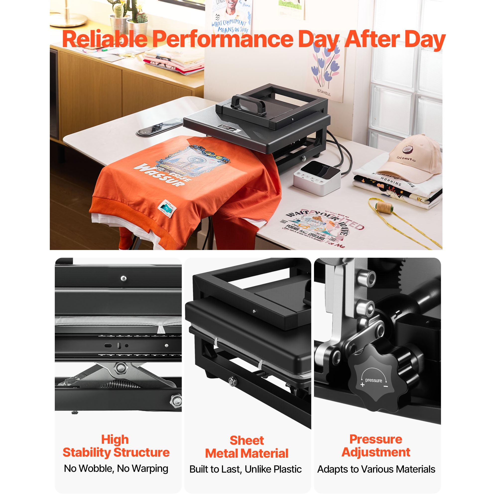 KFFKFF 15 x 15 Inch Heat Press Machine, 8-in-1 Multifunctional Design, Quick and Even Heating, User-Friendly Controls, Sublimation Machine for T-shirts, Mugs, Tumblers, Caps, and Plates, Black