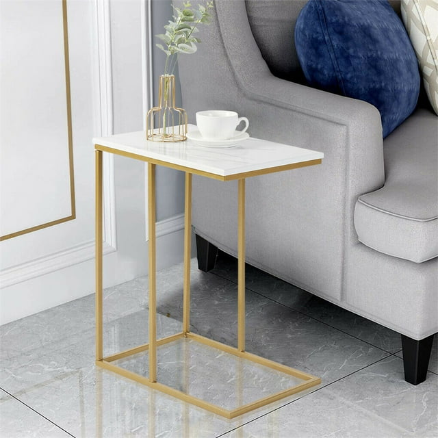 Wisfor C Shaped Solid Real Marble End Table, Gold Metal Coffee Sofa, Bedside Table