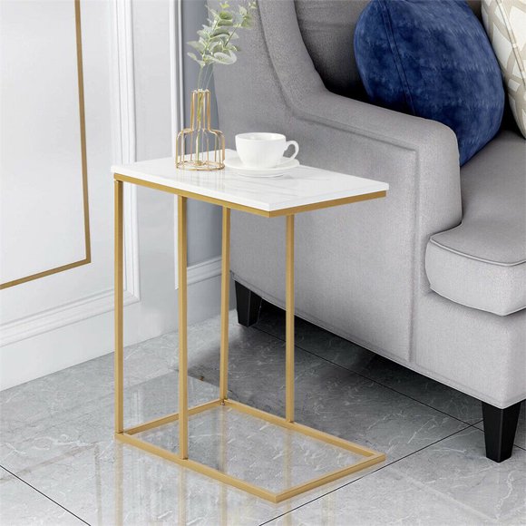 Wisfor C Shaped Solid Real Marble End Table, Gold Metal Coffee Sofa, Bedside Table