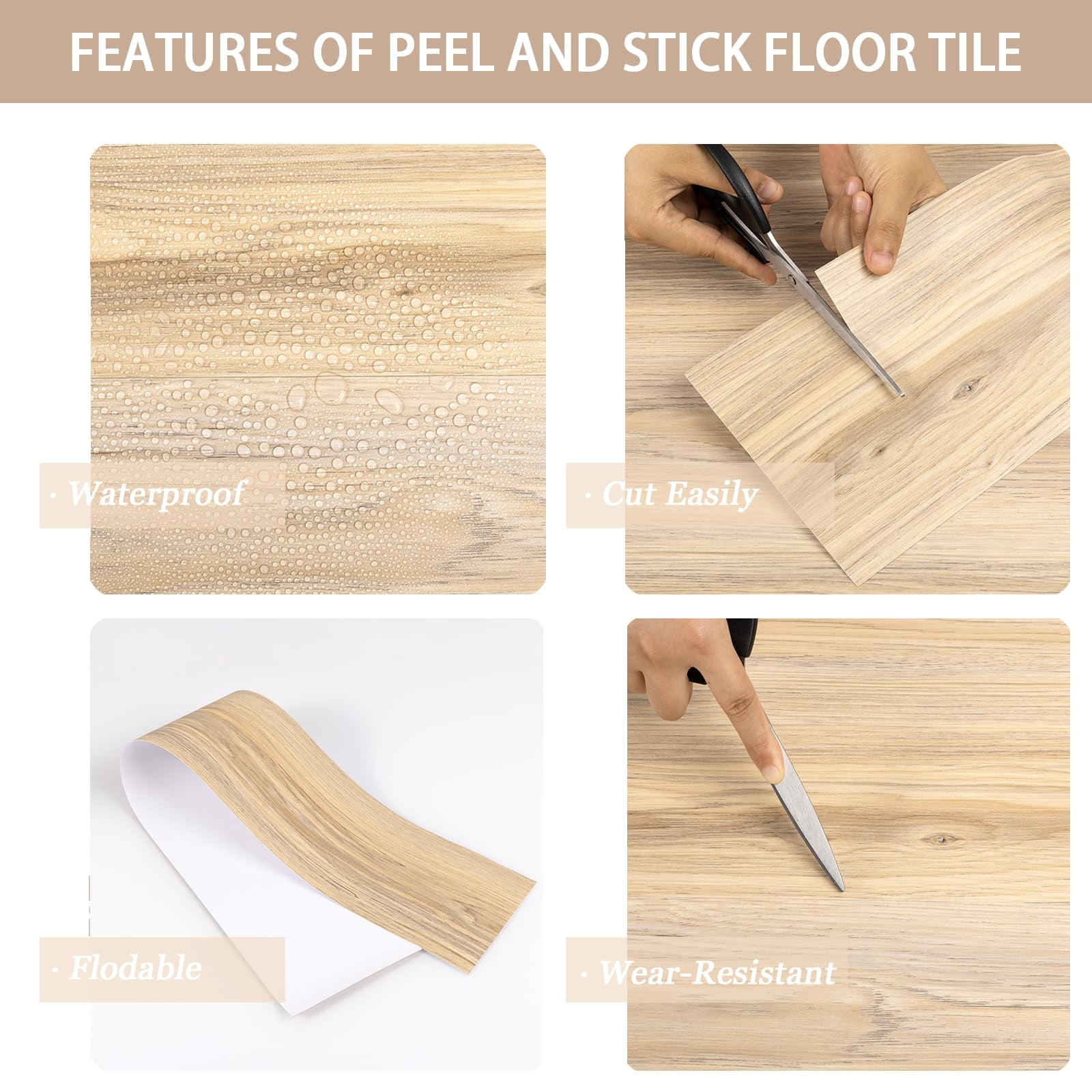 Peel And Stick Floor Tile  40 60.0 Sq.ft Flooring Waterproof Easy To Clean Wood Grain Look Vinyl Self Adhesive & Removable For Bathroom Kitchen