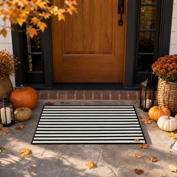 Fall Thanksgiving Striped Door Mat 40×60cm(15.75×23.62in), Non-Slip Layering Entryway Rug, Durable Outdoor Patio Floor Mat, Festive Indoor Outdoor Decorative Welcome Mat for Autumn Holiday