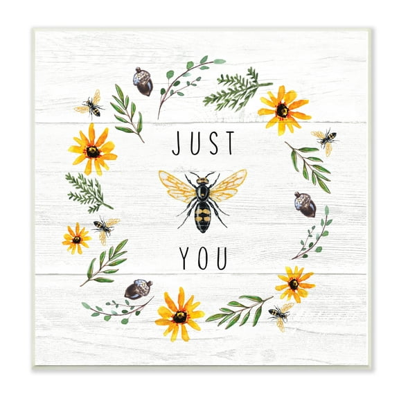 Stupell Industries Just Bee You Pun Phrase Yellow Daisy Wreath, 12 x 12, Designed by Elizabeth Tyndall