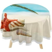 SKYSONIC Summer Tropical Holiday Round Tablecloth 60inch Indoor Wrinkle Free, Sandy Beach Starfish Circular Lace Table Cover Washable for Kitchen Party BBQ Dining Decor