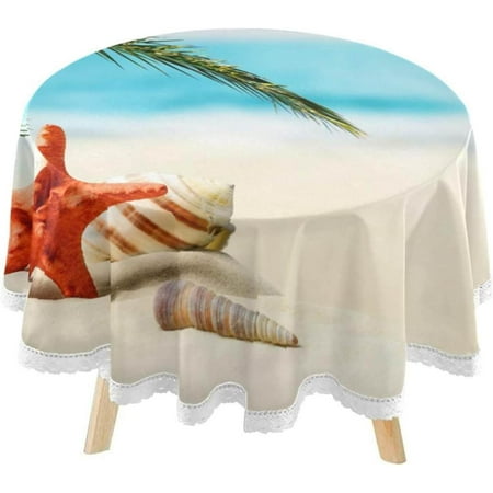 SKYSONIC Summer Tropical Holiday Round Tablecloth 60inch Indoor Wrinkle Free, Sandy Beach Starfish Circular Lace Table Cover Washable for Kitchen Party BBQ Dining Decor