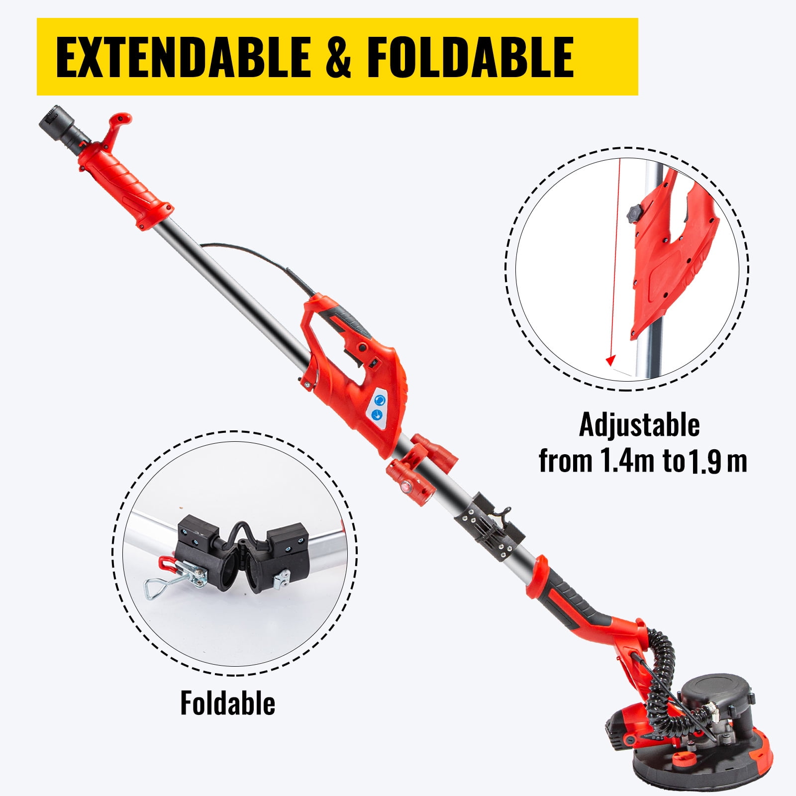 VEVOR Electric Drywall Sander 850W  , Drywall Sander Foldable Sheetrock Sander with Telescope Handle ,Electric Sander Variable Speed 800-1750RPM ,Wall Sander with LED Lights and Vacuum Bag, 6 Sand Pad