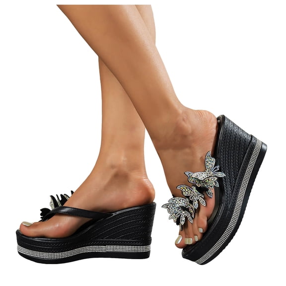 Rokment Women's Sparkly Rhinestone Butterfly Platform Wedge Flip Flops Bridal Bling Chunky High Heels Slip on Thong Sandals Beach Summer Dress Shoes Black Size 6.5