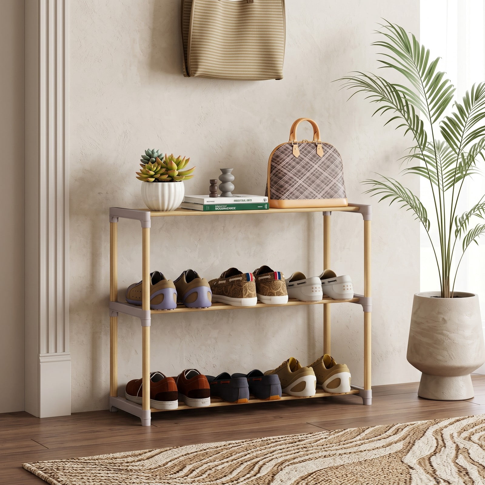 Furnibear 3-Tier Solid Pine Wood Shoe Rack with Slatted Open Shelves for Entryway Closet and Bedroom Storage, Natural and Gray
