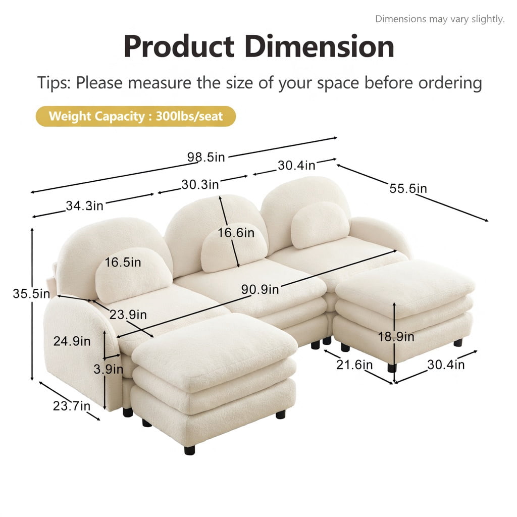 Hommoo Teddy Fleece 3-Seat Modular Sectional Sofa with Curved Backrest, Double-Layer Cloud Cushions & 2 Movable Ottomans, Beige