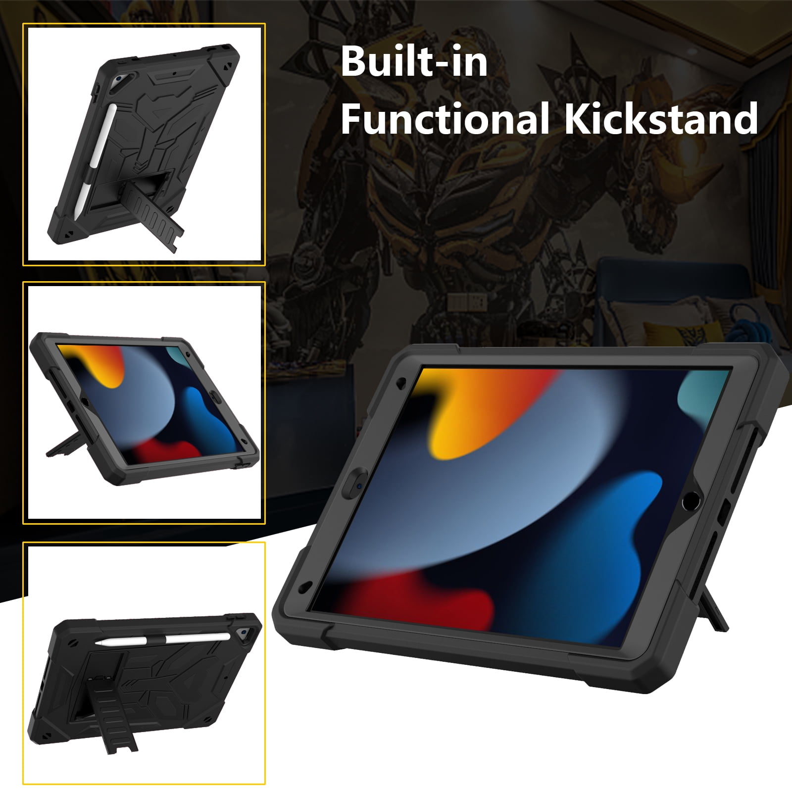 ELEHOLD Hybrid Rugged Case for iPad 9th/8th/7th Gen 10.2 2021/2020/2019, Heavy Duty Shockproof Case with Hidden Foldable Kickstand Adjustable Crossbody Shoulder Strap Pencil Holder,Black