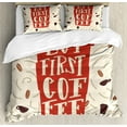 thumbnail image 1 of But First Coffee Duvet Cover Set King Size, Pattern of Typographic Cup with Coffee Beans and Swirls Around, Decorative 3 Piece Bedding Set with 2 Pillow Shams, Eggshell Multicolor, by Ambesonne, 1 of 3