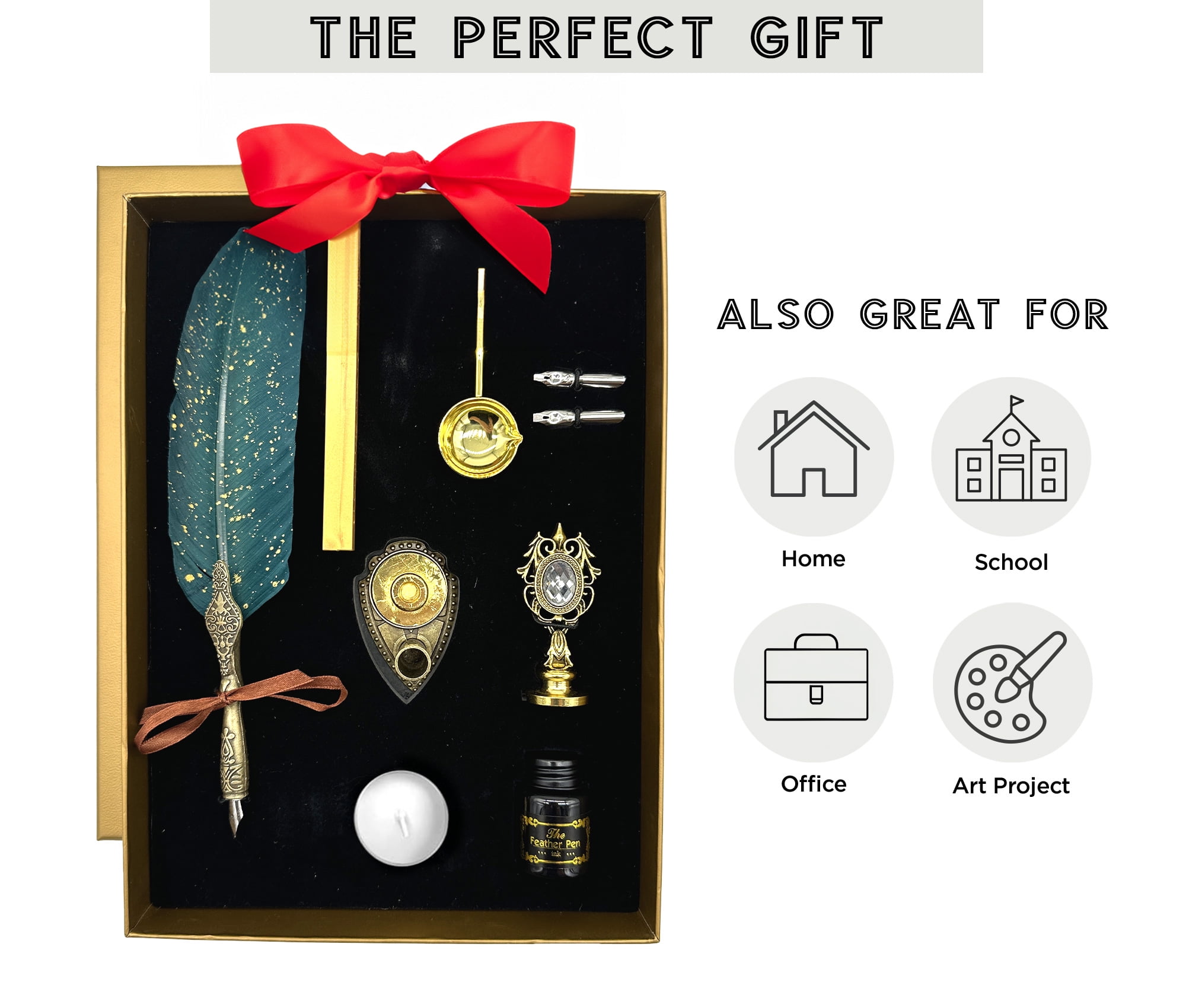 FTC Feather Quill Pen Calligraphy Set with Zodiac Wax Seals, Ink, and Nibs, Green