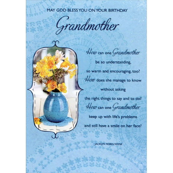 Designer Greetings May God Bless You: Blue Vase with Sparkling Yellow Flowers Religious / Inspirational Birthday Card for Grandmother
