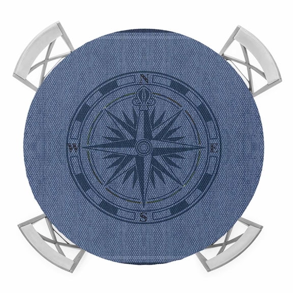 Round Fitted Tablecloth with Elastic Edge, Nautical Compass Waterproof Table Cloth Table Cover for 45"-54" Tables, Navy Blue Striped Coastal Compass Tablecloths for Dining Picnic Party Outdoor