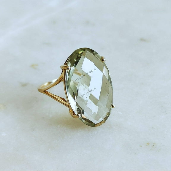 Natural Green Amethyst Ring: 14K Solid Yellow Gold, February Birthstone