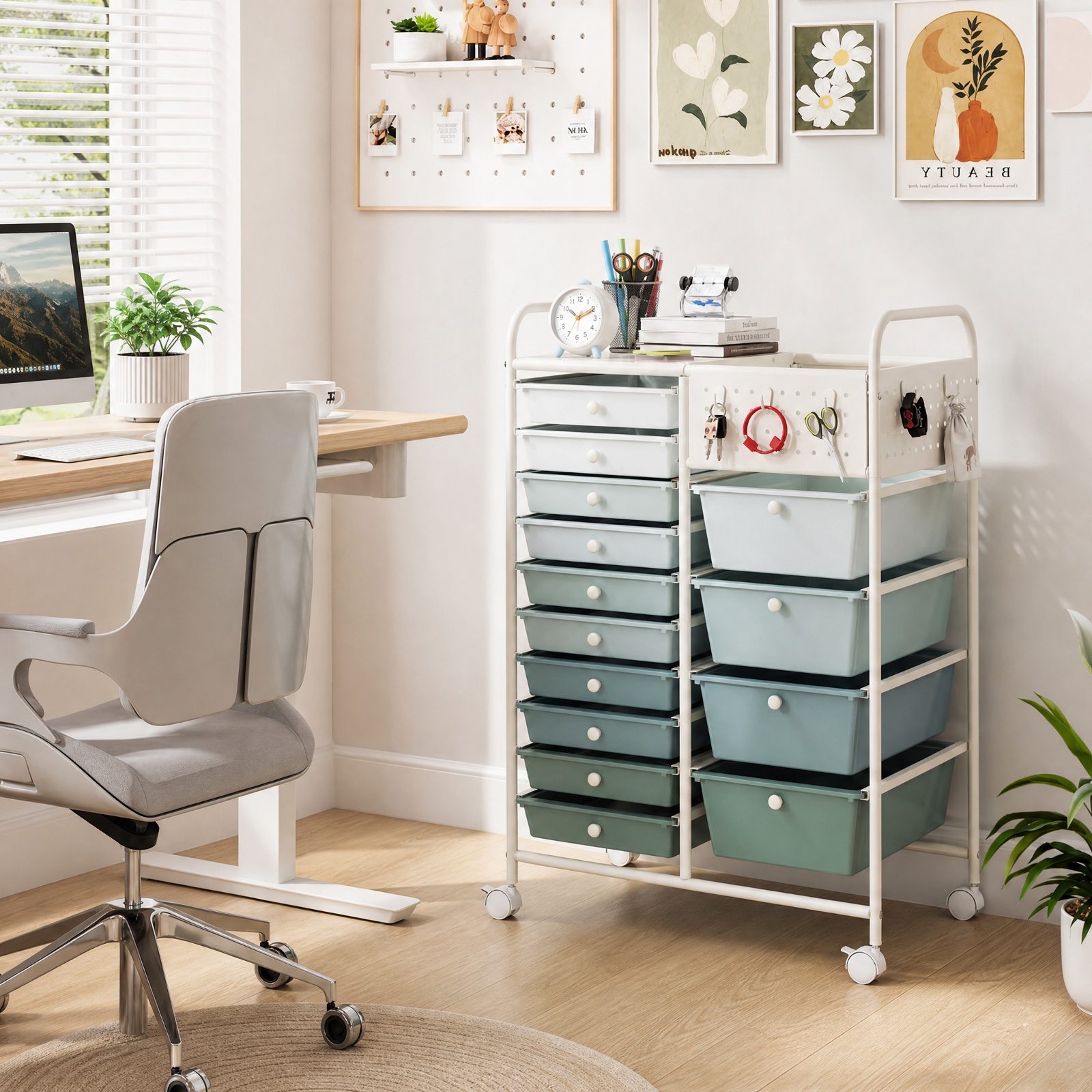Furnibear 14 Drawer Rolling Storage Cart with Metal Tabletop Pegboard and Locking Wheels for Kitchen Office and Classroom Organizing, Gradient Green