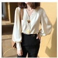 thumbnail image 2 of Camisa de mujer Cuello en V Verano Color sólido Linterna Manga larga Botón Top, Albaricoque, XXL Noticed AP001446-10, 2 of 7