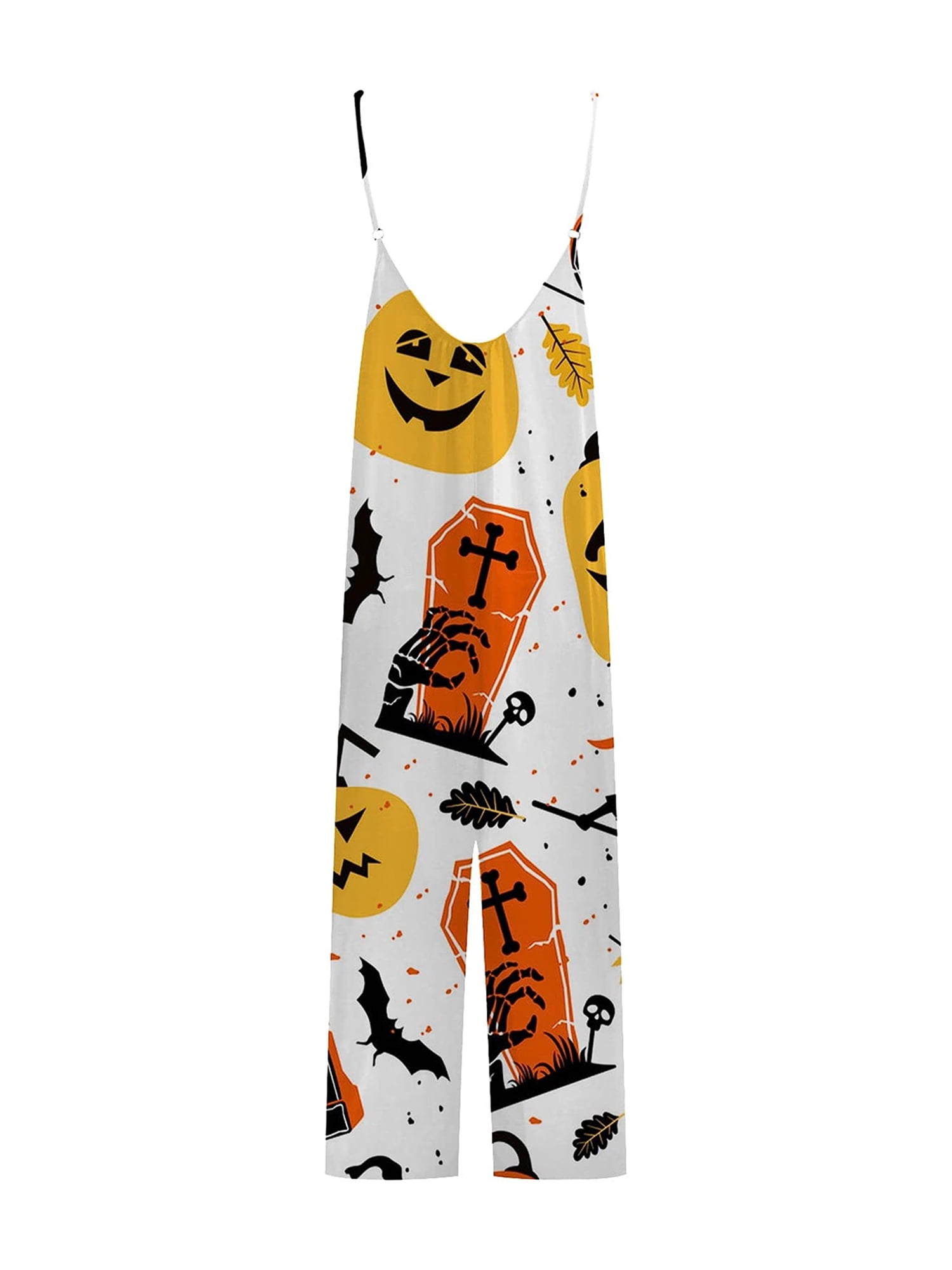 Women's Halloween Strap Jumpsuit Sleeveless One Piece Pumpkin Bat Cat Romper Playsuit Spaghetti Strap Baggy Overalls Pants