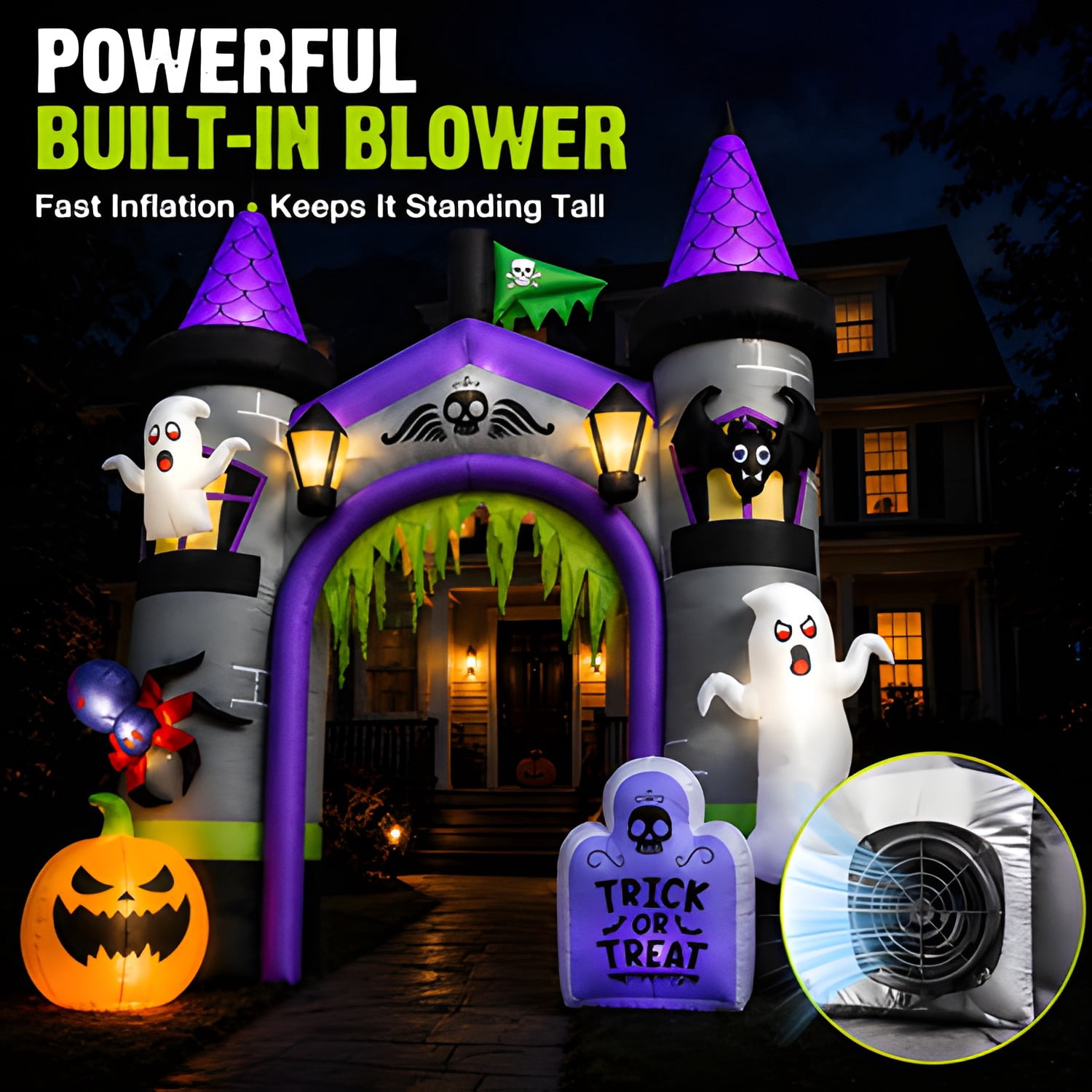 12ft Large Inflatable Halloween Archway with Ghost, Pumpkin, Spider and Bat
