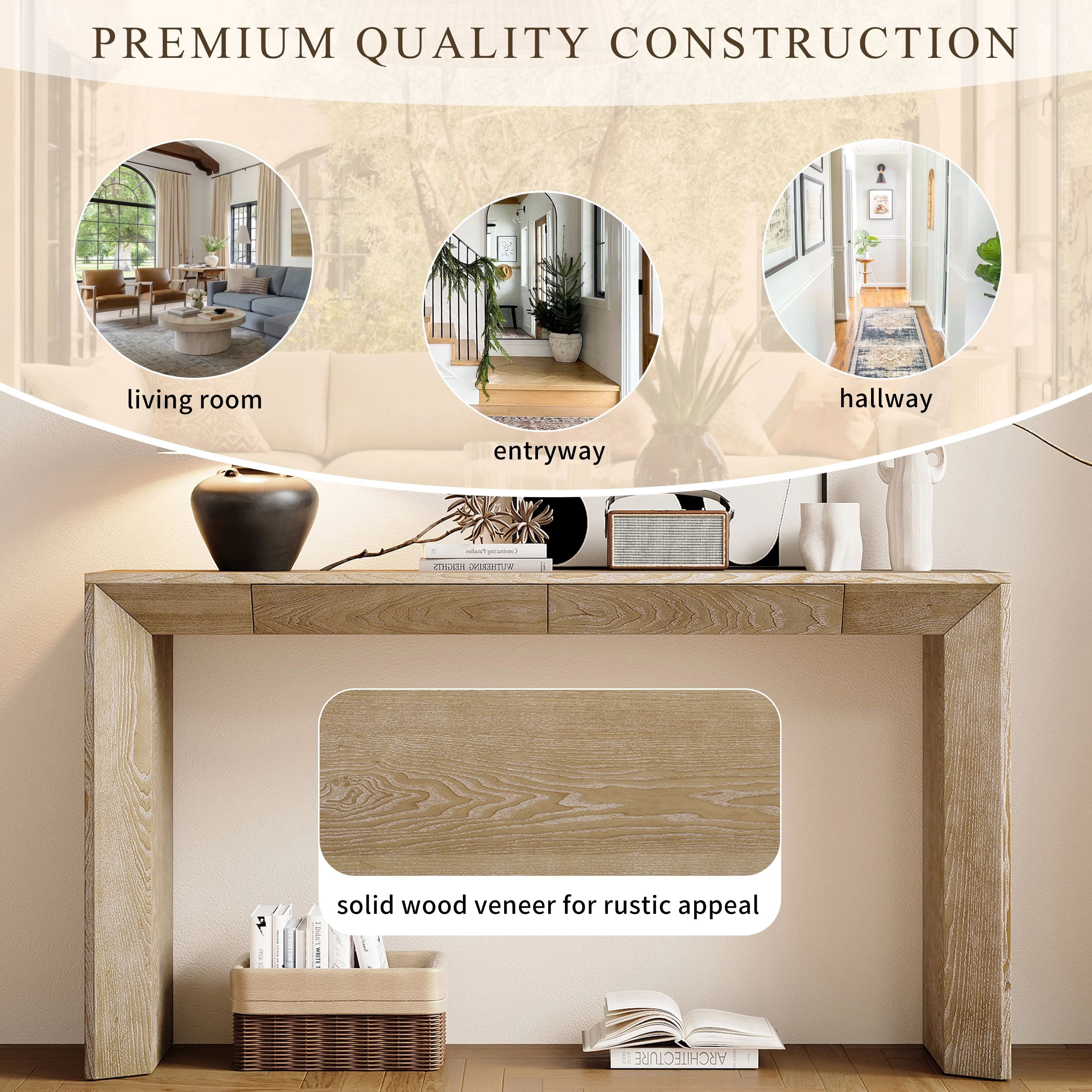 EUROCO 60" Modern Console Table with 2 Concealed Drawers, Entryway Table with Waterfall Design for Living Room, Entryway & Hallway,Natural