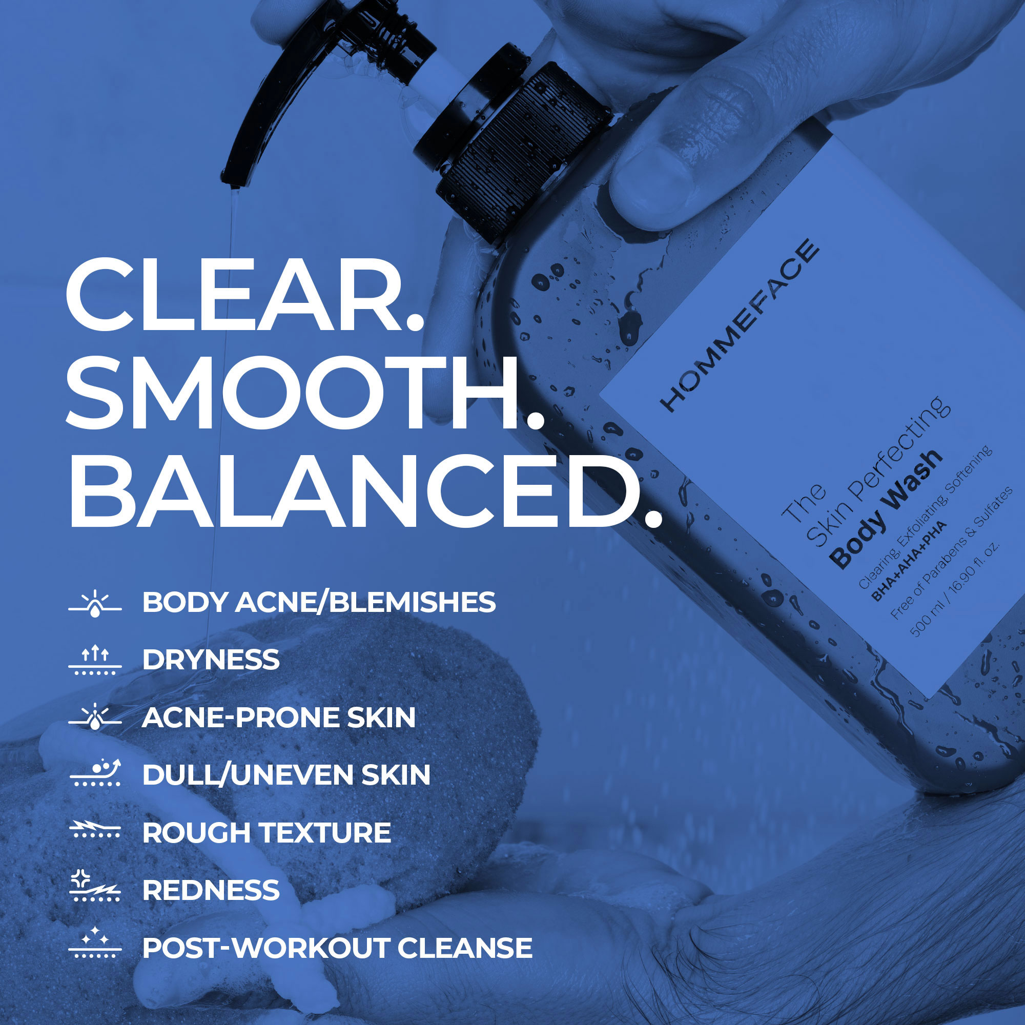 HOMMEFACE Men’s The Skin Perfecting Body Wash with Pump - Korean Skincare Technology for Body Acne with BHA, AHA, PHA, 16.9 fl. oz.