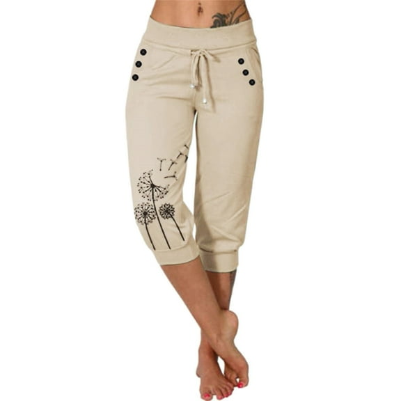 Women's Casual Pants Womens Casual Solid Printed Pockets Elastic Belt Waist Pants Mid 3/4 Length Trousers, Women's Casual Pants S