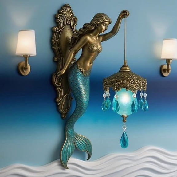 Mermaid Wall Lamp 8 Inch - Vintage Coastal Grandmother Style Night Light with Frosted Crystal | Mermaidcore Fantasy Sconce for Bedroom, Bathroom, Living Room & Hotel Decor (8 inch)