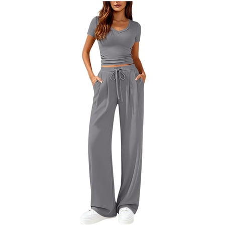JGGSPWM 2 Piece Sets for Women Summer 2026 Spring Lounge Set Matching V Neck Tops Wide Leg Pants Travel Outfits Gray L