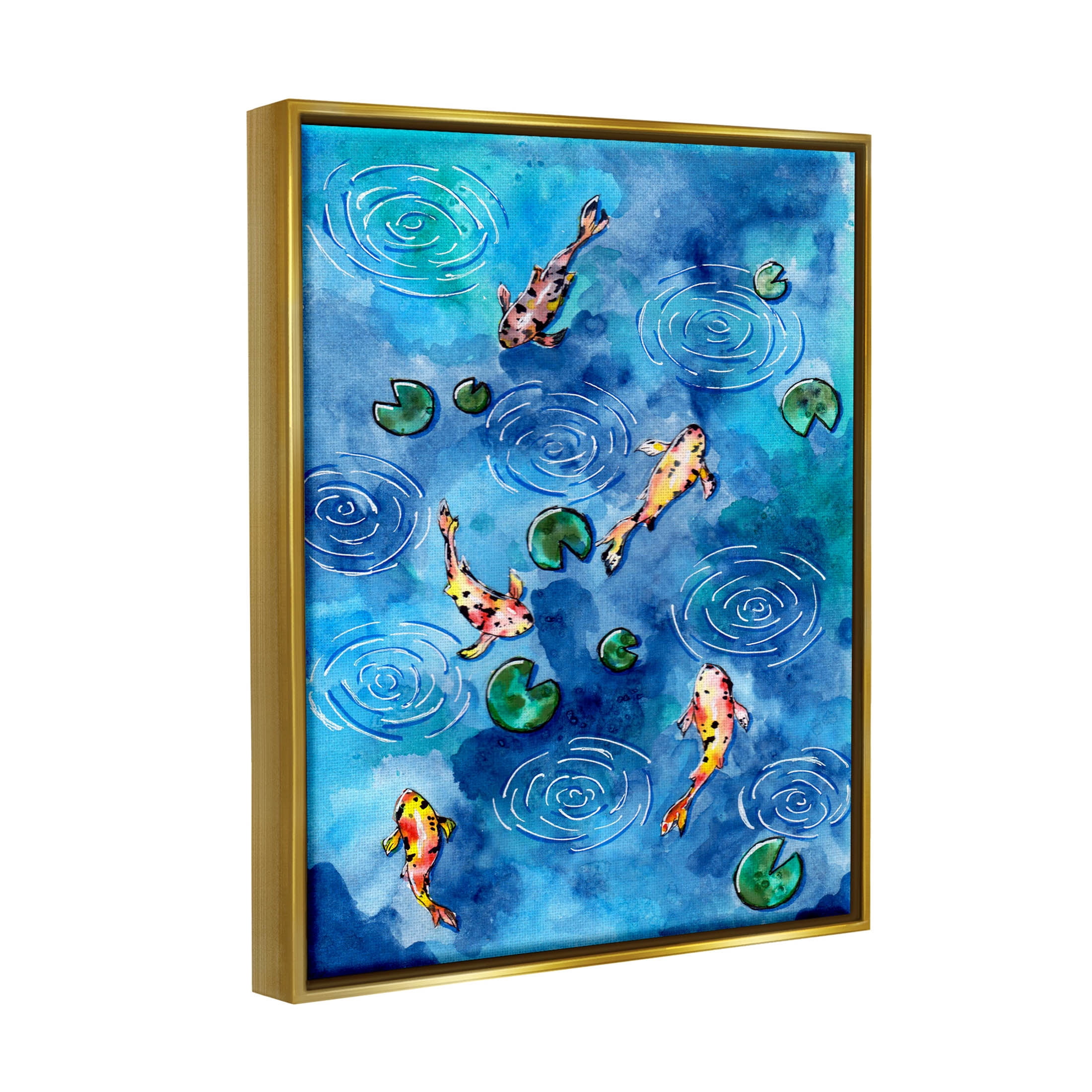 Koi Fish Ripples Pond Lilies Animals & Insects Painting Metallic Gold Framed Art Print Wall Art