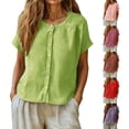 thumbnail image 2 of Oversized Tshirts for Women Linen Cotton Blend Button Down Shirt Casual Short Sleeve Neck Blouse Loose Fit Green Summer Tops for Women, 2 of 9