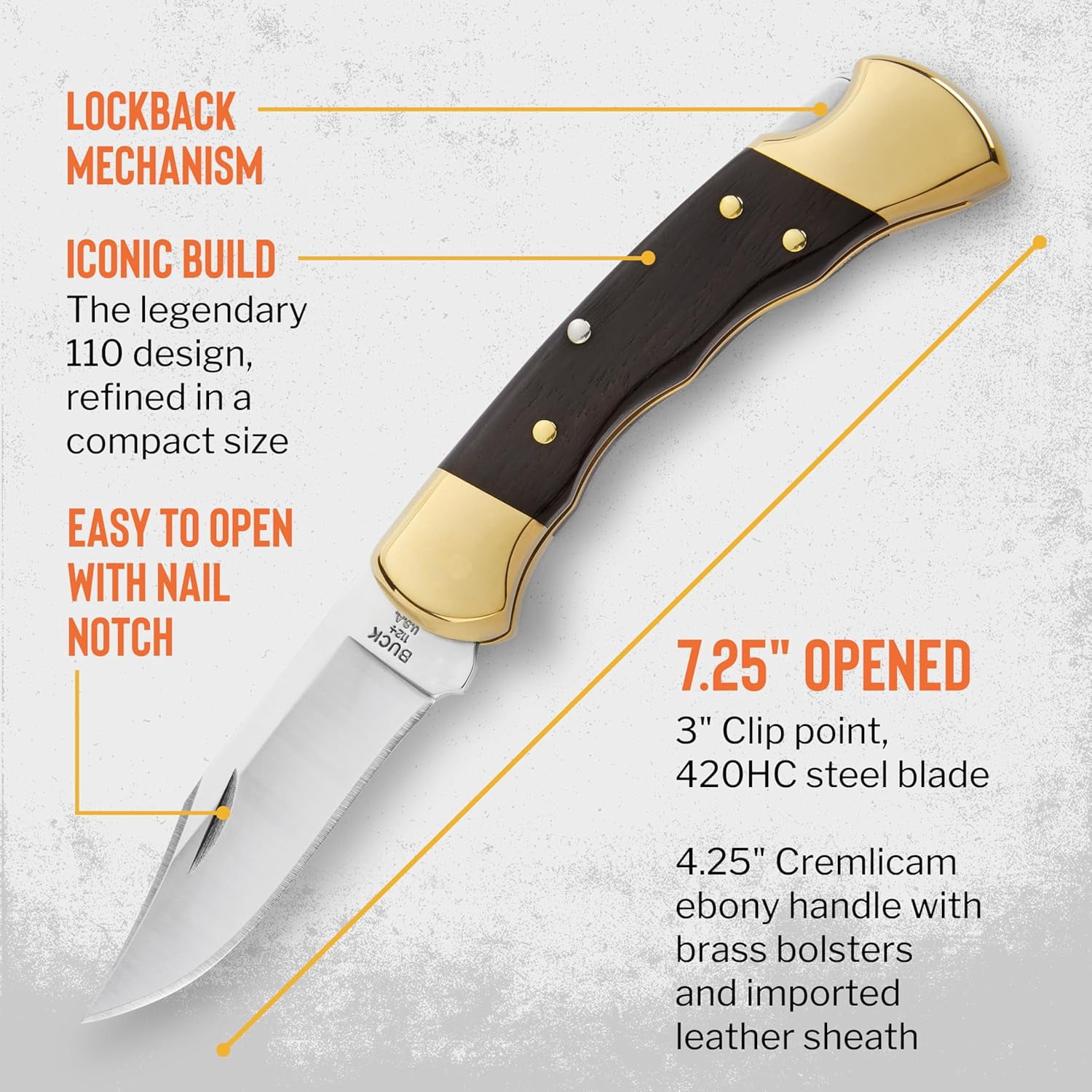 Buck Knives 112 Ranger Hunting Knife with Grooves, 3" Folding Knife Blade, Ebony Handle, 5.6 oz