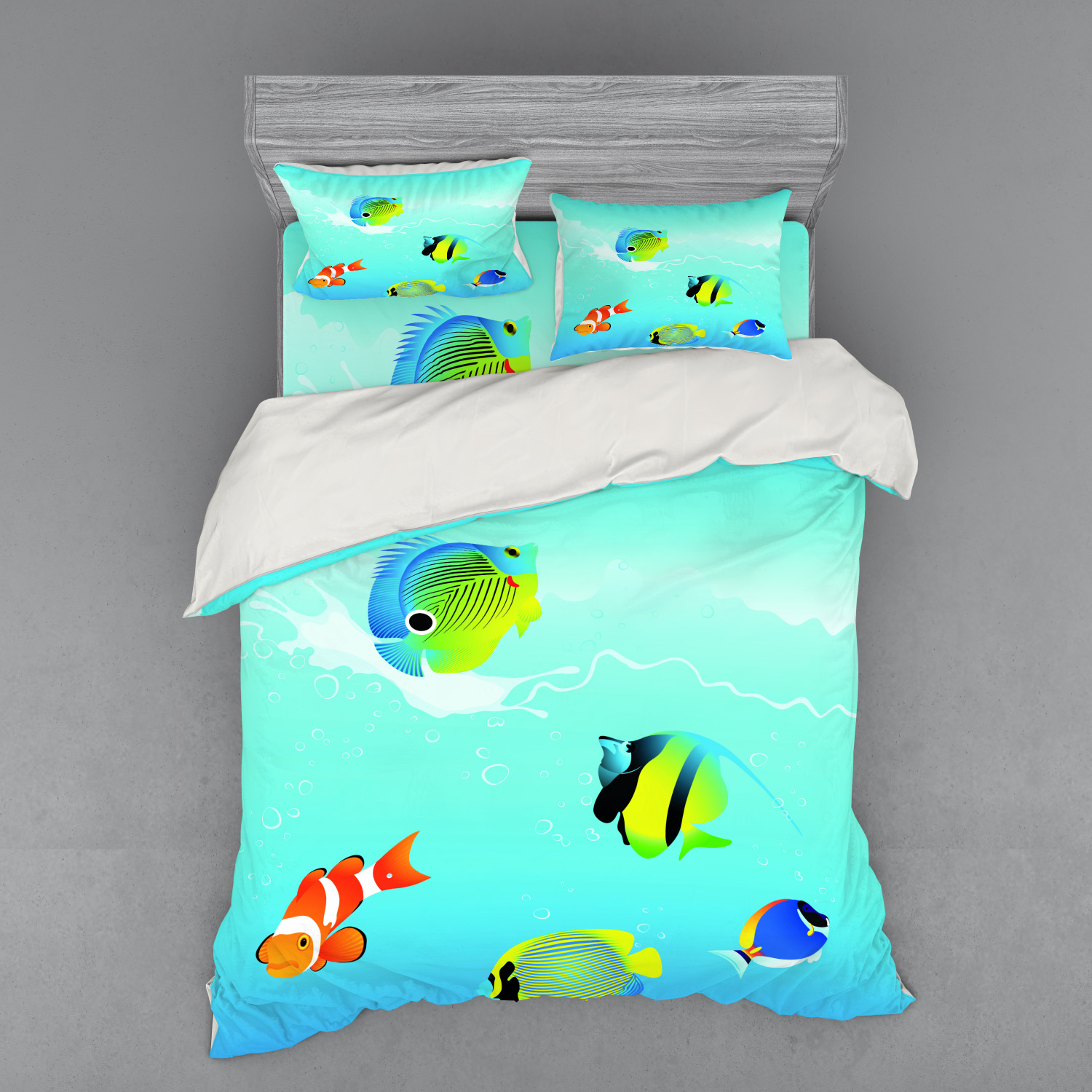 Ocean Duvet Cover Set, Nautical Navy Deep Sealife Image with Exotic